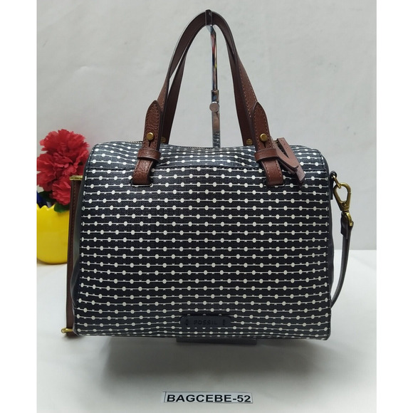Fossil Rachel Black Coated Canvas Leather Trim Polka Dot Zipper Satchel Bag - Picture 1 of 14